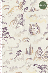 Digitally Printed Fabric with Tiger and Landscape Drawings on a Light Beige Background